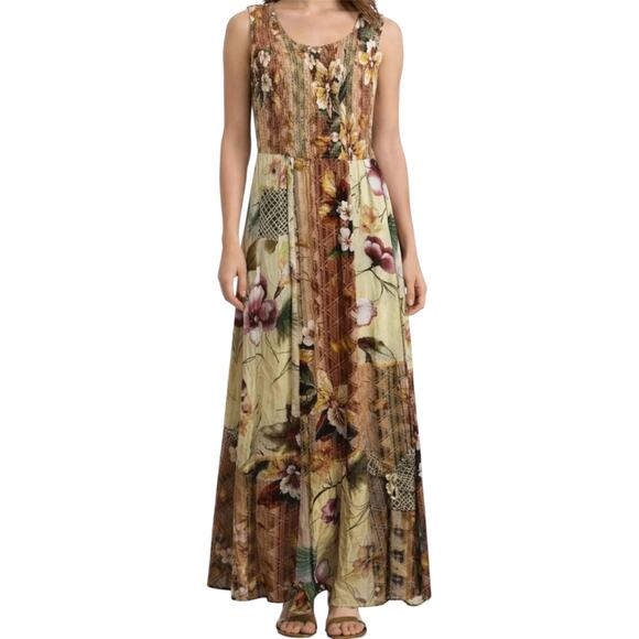 Boston Proper Maxi Dress Sundress Mixed Media Floral Print Smocked Brown XS